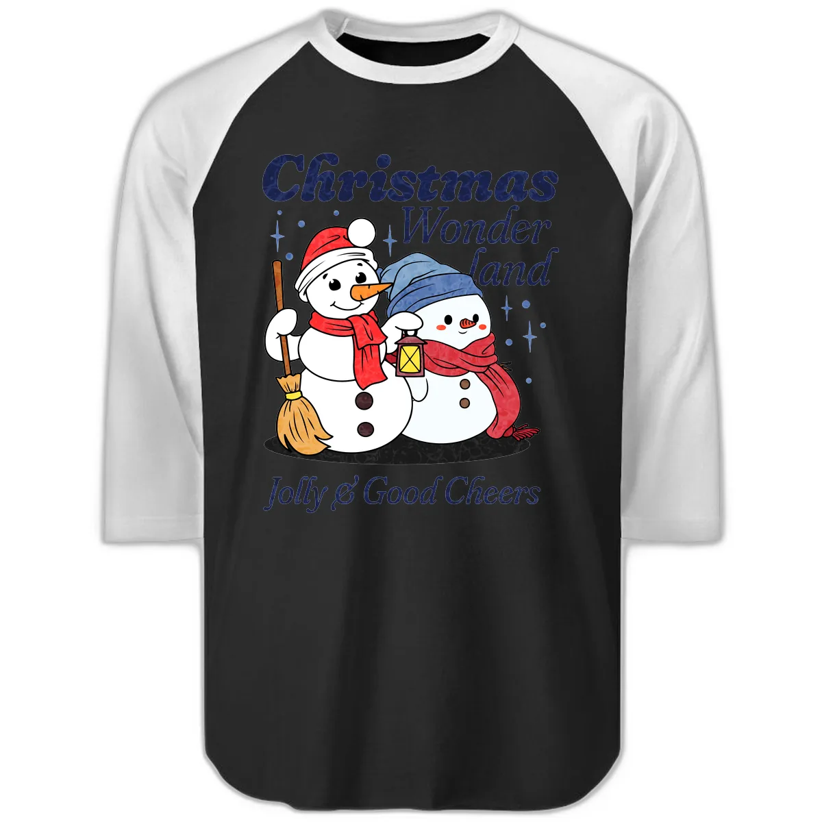 Christmas Wonderland Snowmen Raglan 3/4 in Black White