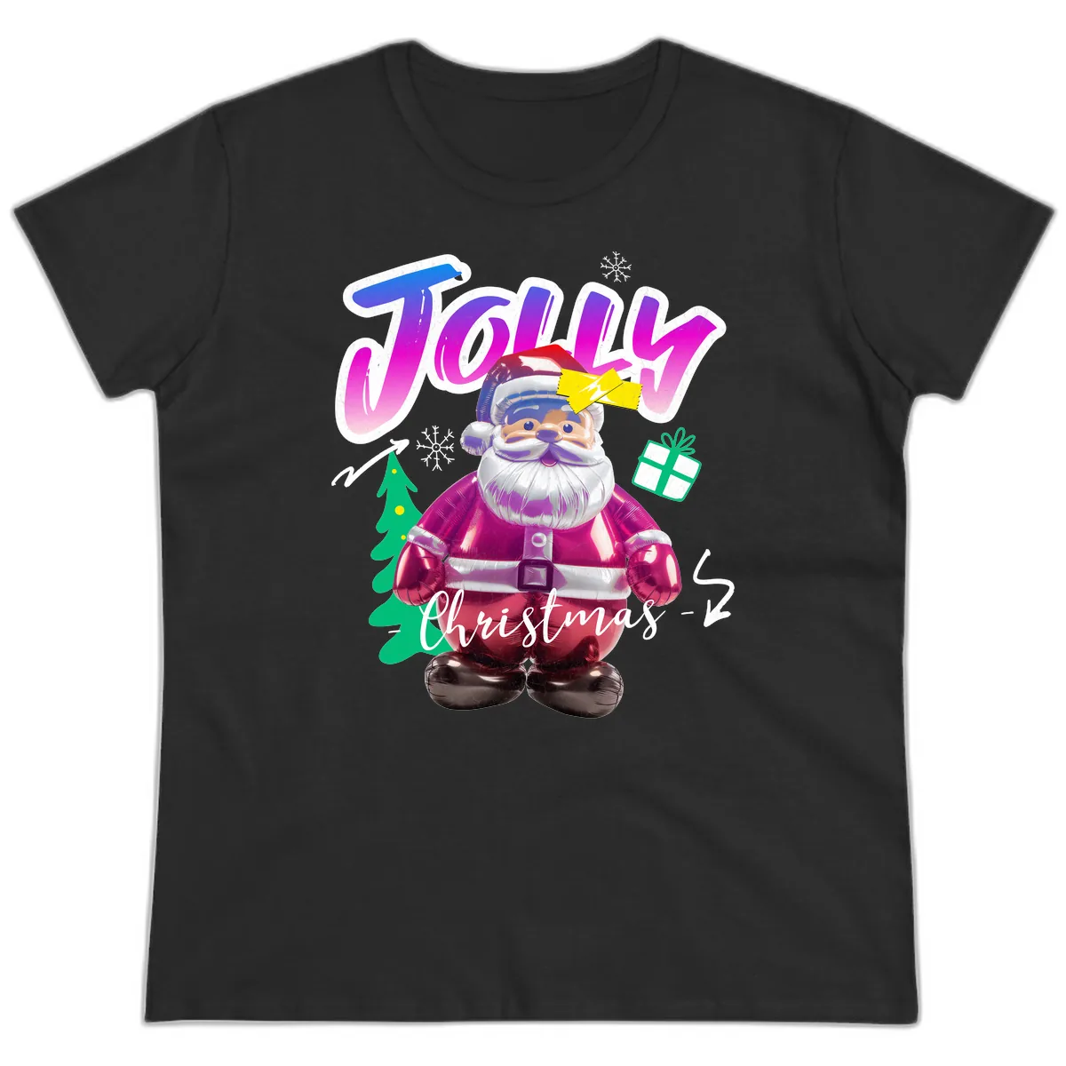 Jolly Christmas Santa Balloon Ladies Tee in Black