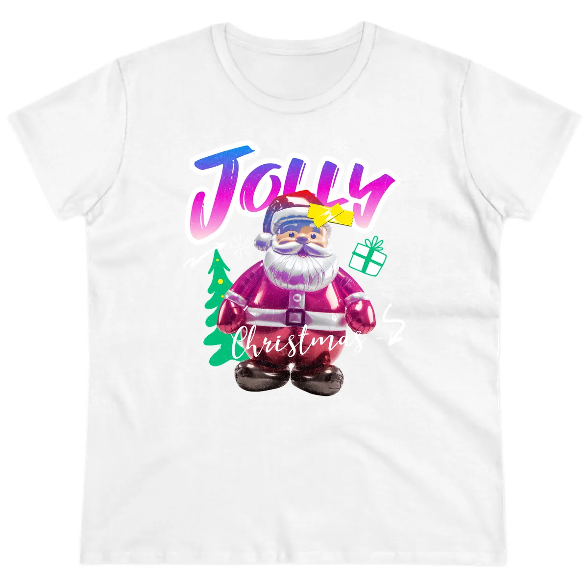 Jolly Christmas Santa Balloon Ladies Tee in White