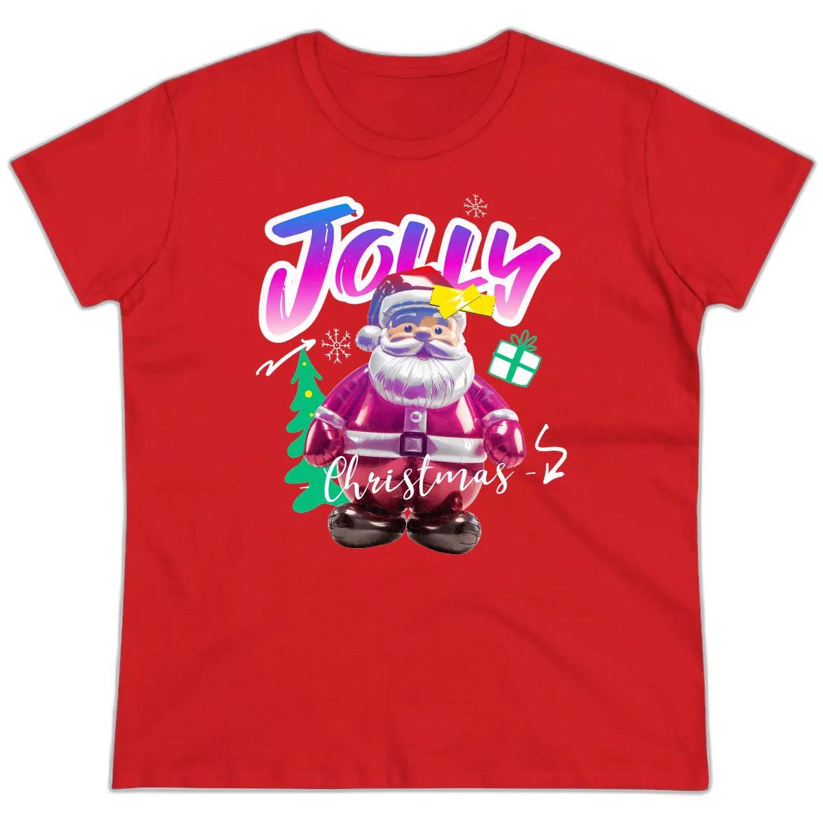 Jolly Christmas Santa Balloon Ladies Tee in Red