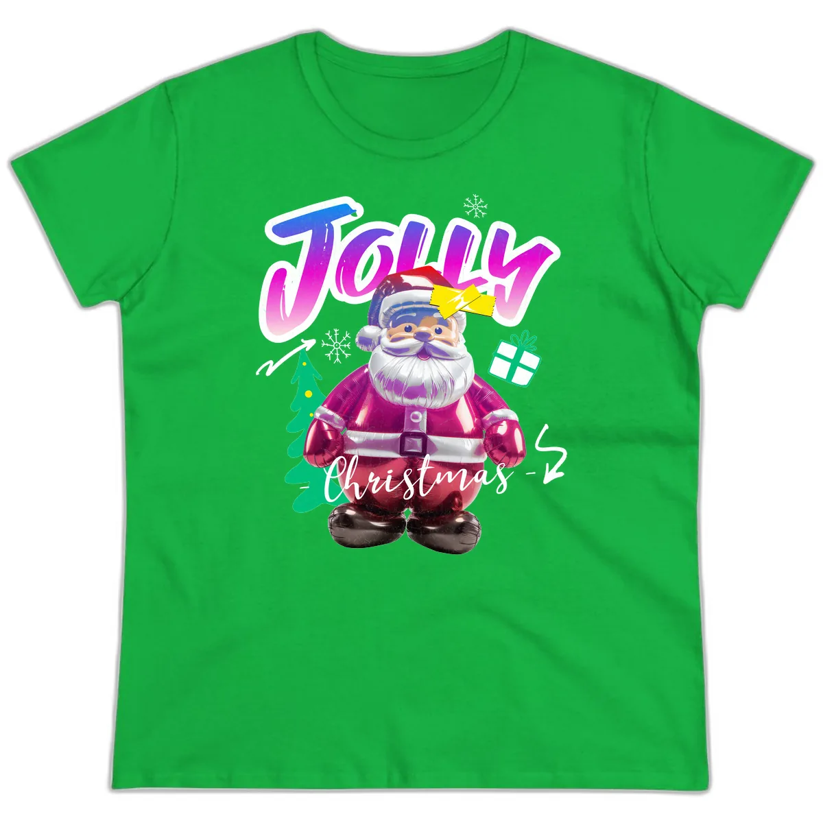 Jolly Christmas Santa Balloon Ladies Tee in Irish Green