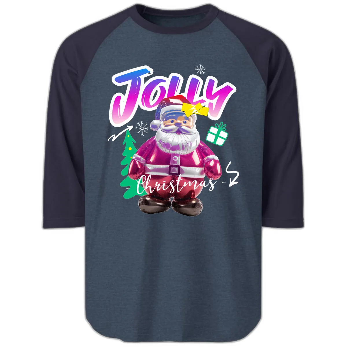 Jolly Christmas Santa Balloon Raglan 3/4 in Heather Denim Navy