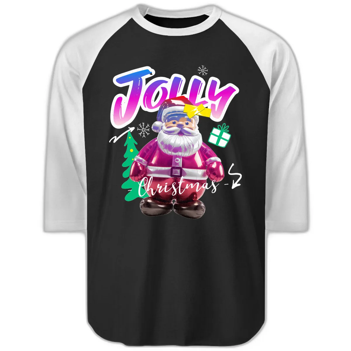Jolly Christmas Santa Balloon Raglan 3/4 in Black White