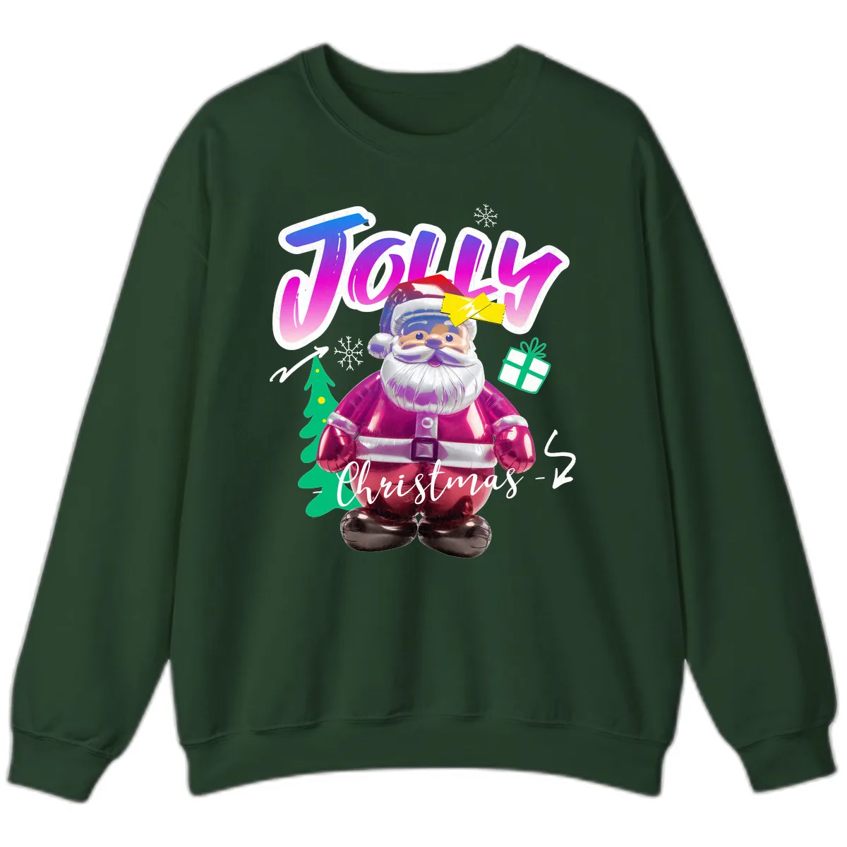 Jolly Christmas Santa Balloon Sweatshirt in Forest Green