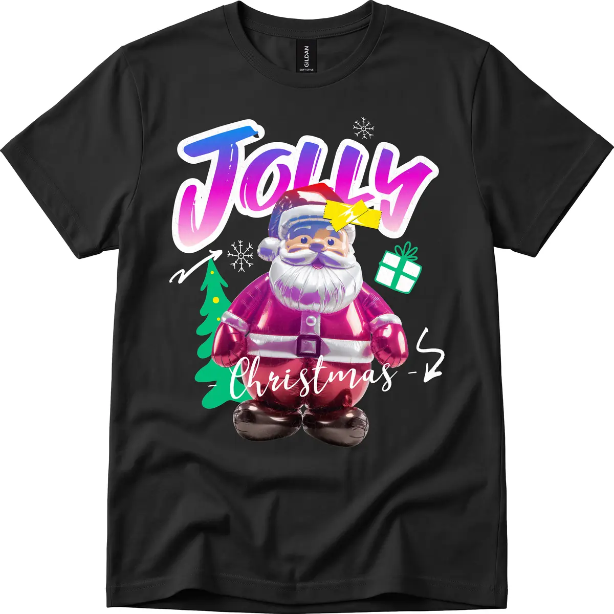 Jolly Christmas Santa Balloon T-Shirt in Black