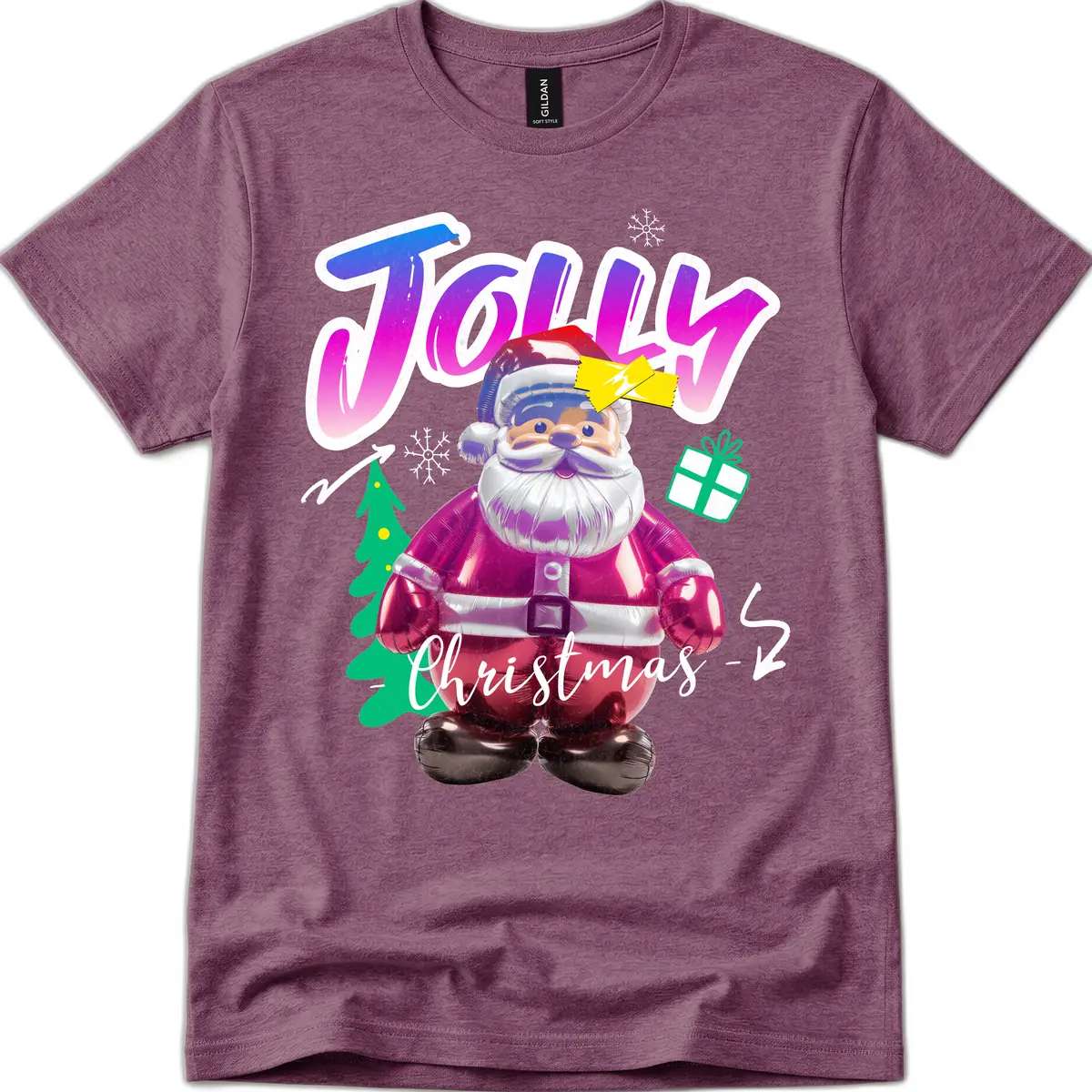 Jolly Christmas Santa Balloon T-Shirt in Heather Maroon