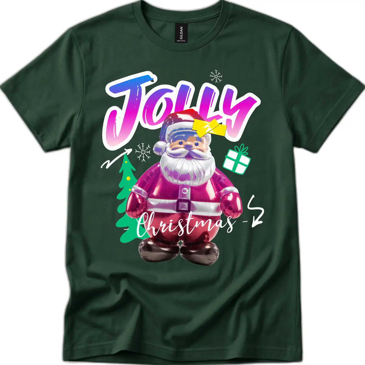 Jolly Christmas Santa Balloon T-Shirt in Forest Green
