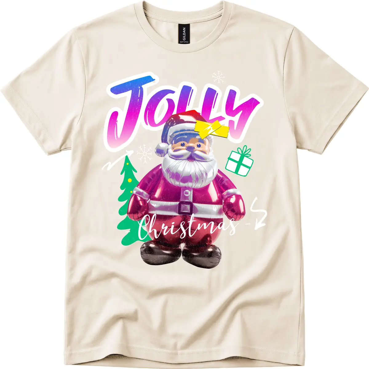 Jolly Christmas Santa Balloon T-Shirt in Natural
