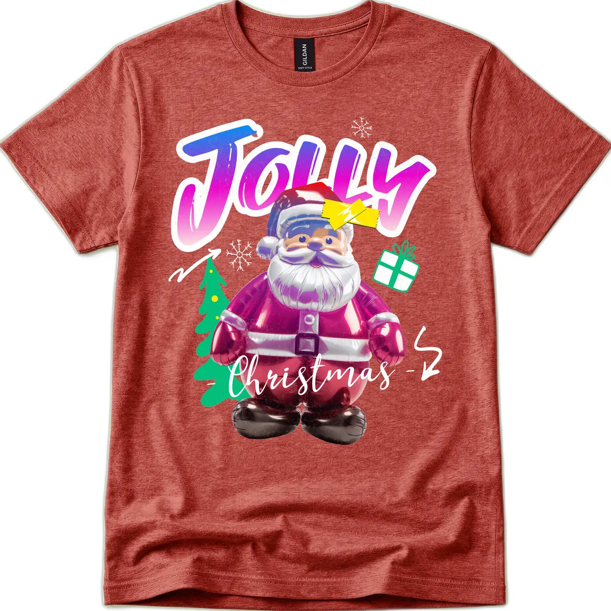Jolly Christmas Santa Balloon T-Shirt in Heather Cardinal