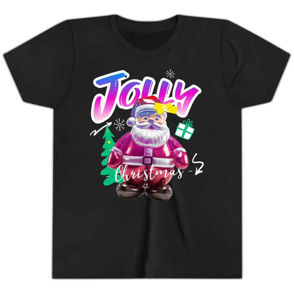 Jolly Christmas Santa Balloon Youth T-Shirt in Black