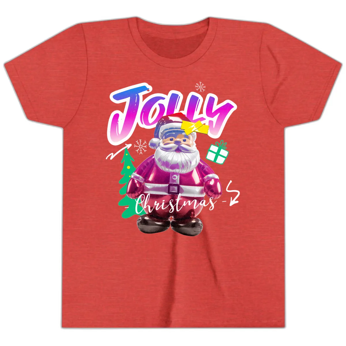Jolly Christmas Santa Balloon Youth T-Shirt in Heather Red