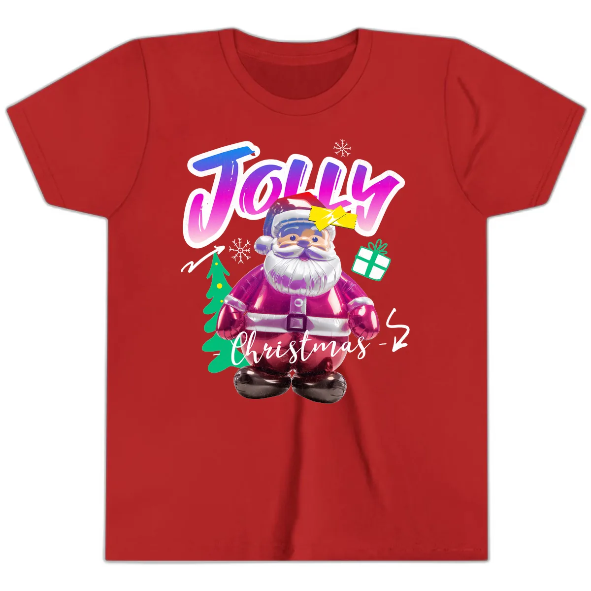 Jolly Christmas Santa Balloon Youth T-Shirt in Red