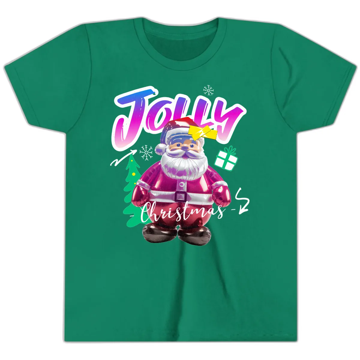 Jolly Christmas Santa Balloon Youth T-Shirt in Kelly