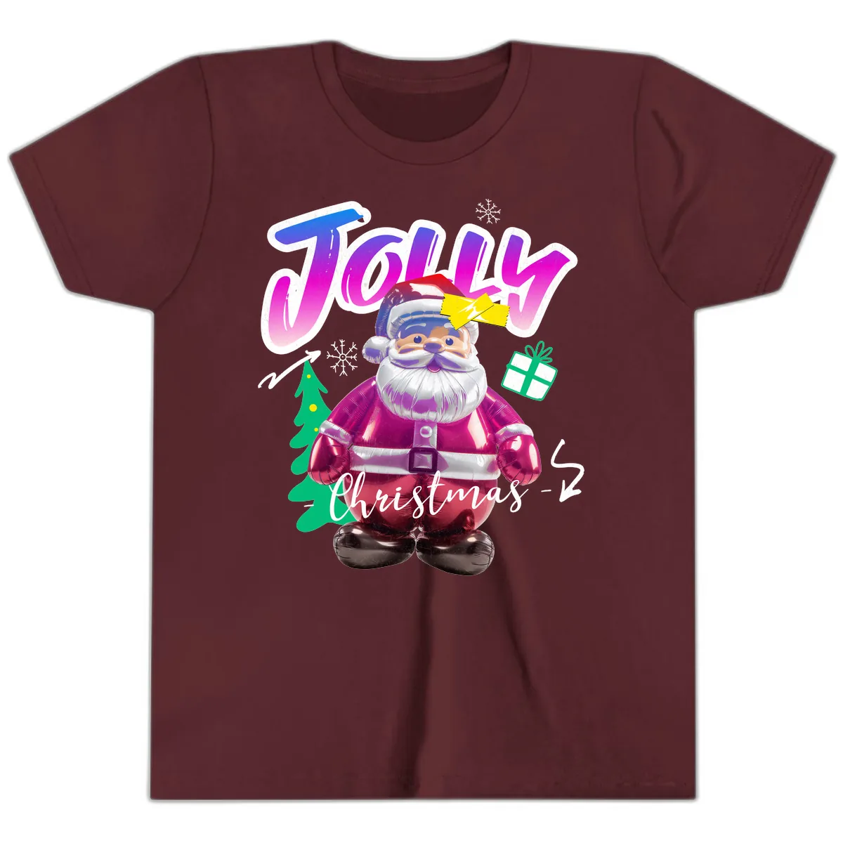 Jolly Christmas Santa Balloon Youth T-Shirt in Maroon