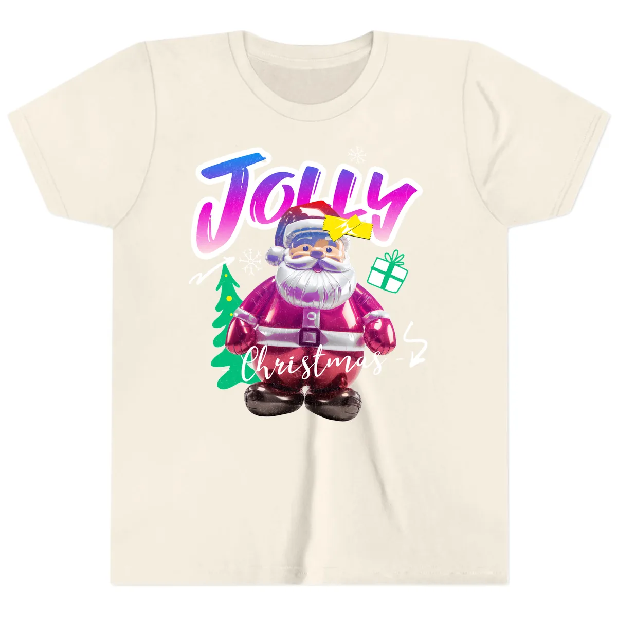 Jolly Christmas Santa Balloon Youth T-Shirt in Natural