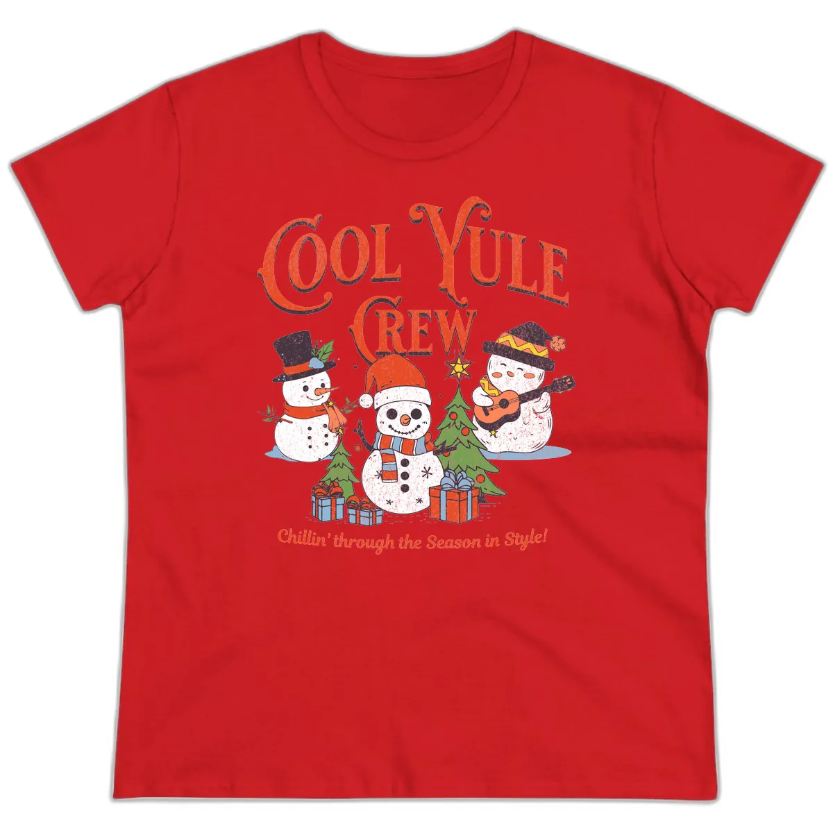 Cool Yule Crew Holiday Design Ladies Tee in Red