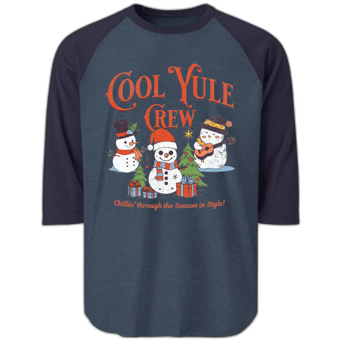 Cool Yule Crew Holiday Design Raglan 3/4 in Heather Denim Navy