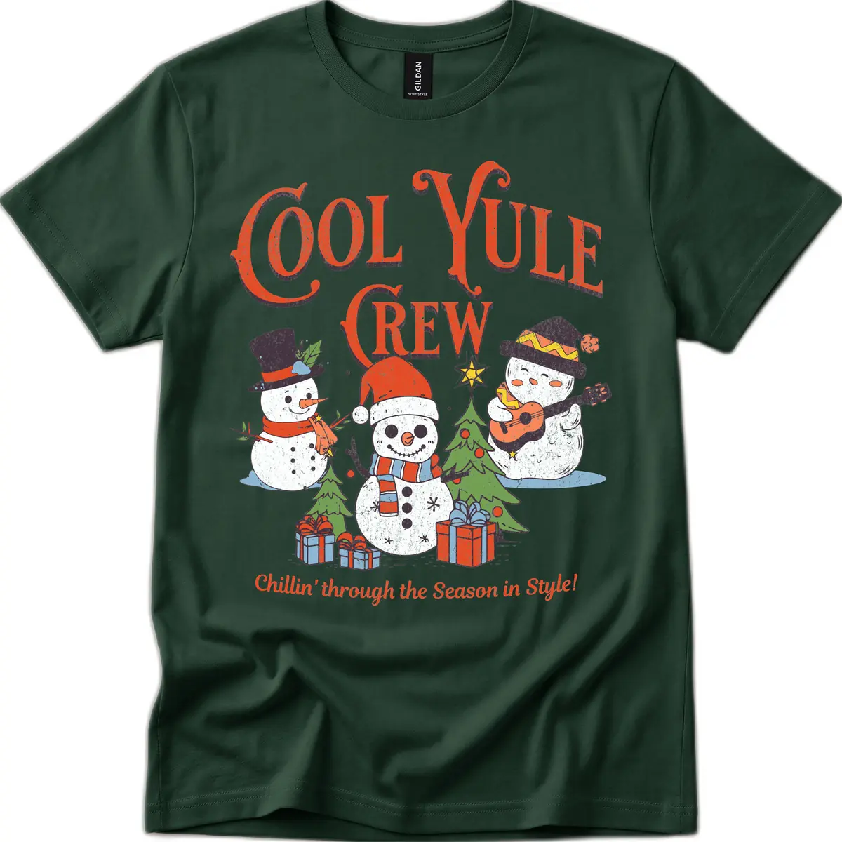 Cool Yule Crew Holiday Design T-Shirt in Forest Green
