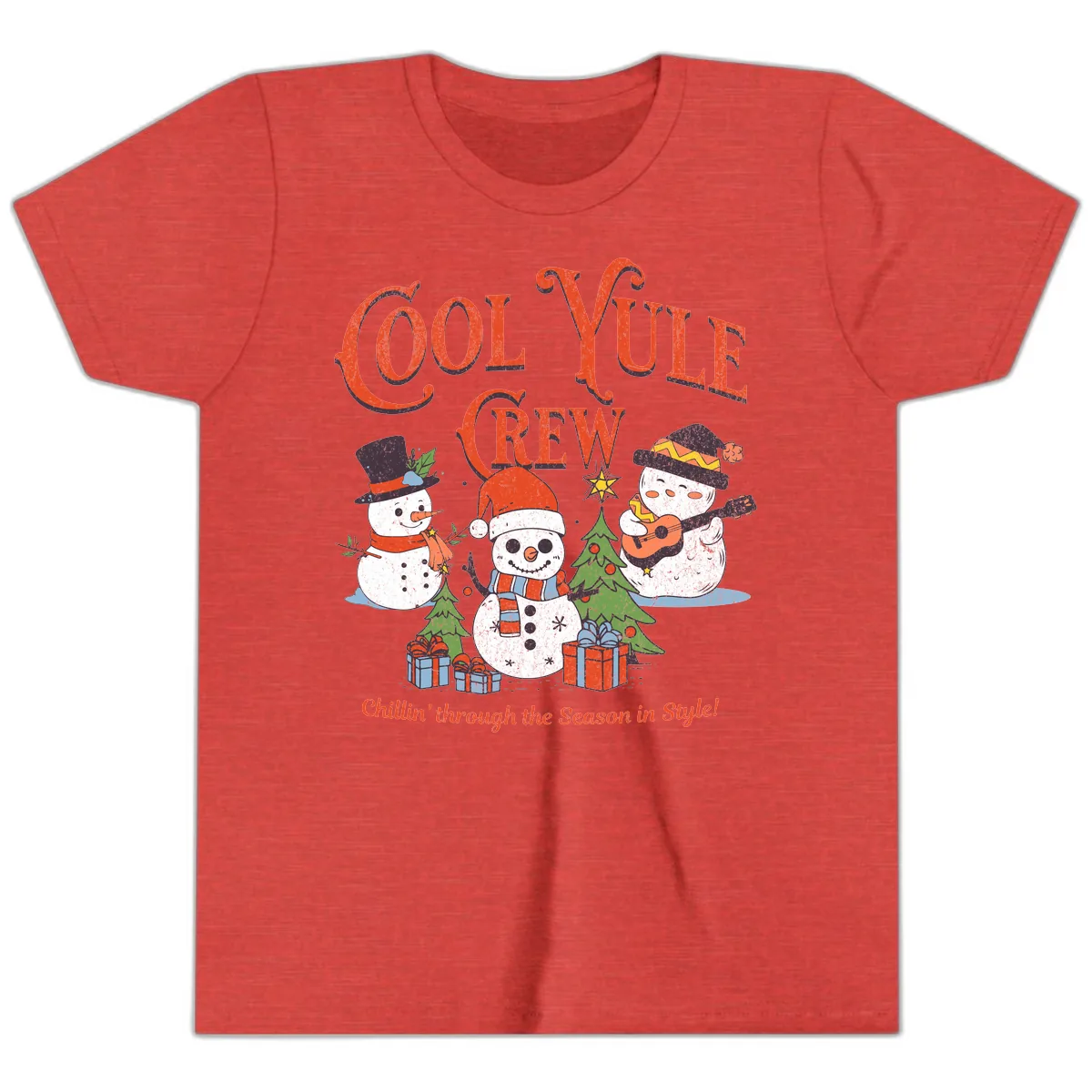 Cool Yule Crew Holiday Design Youth T-Shirt in Heather Red