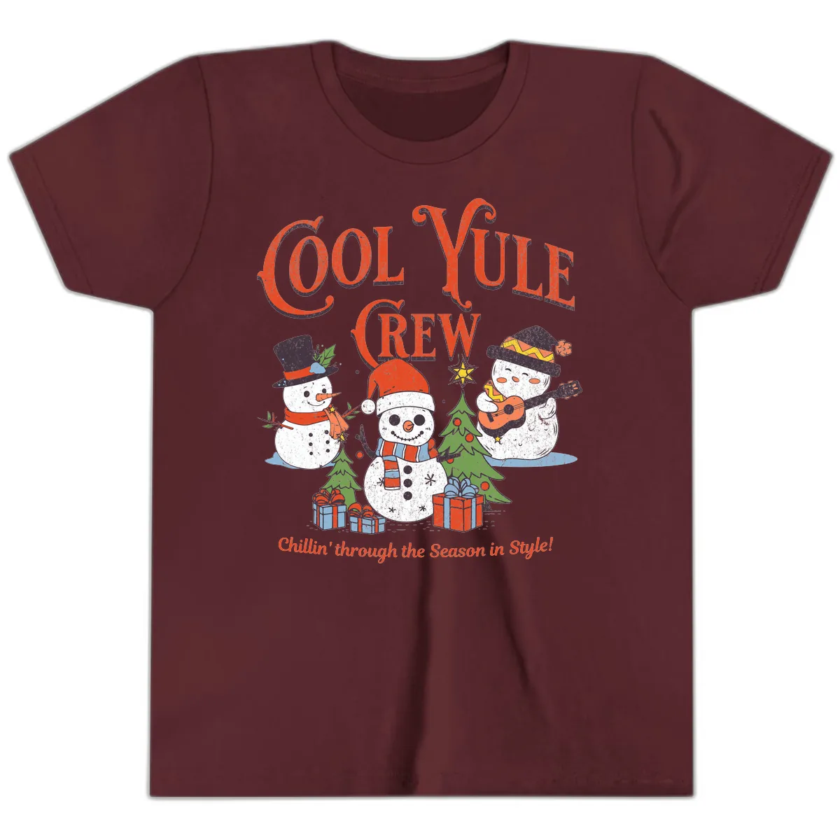 Cool Yule Crew Holiday Design Youth T-Shirt in Maroon