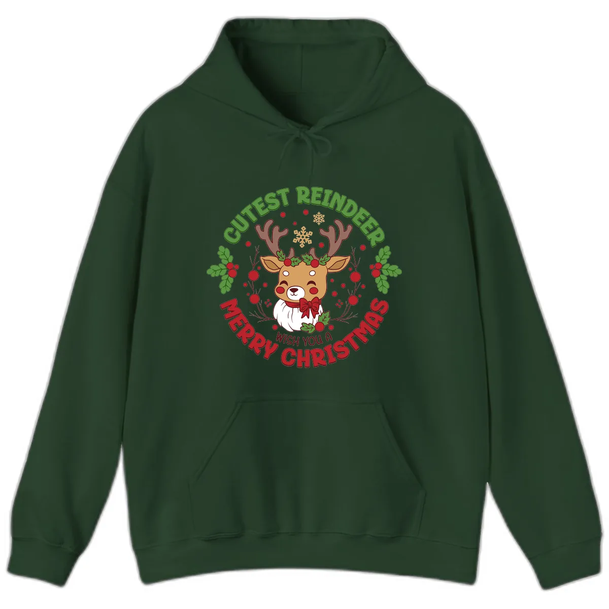 Cutest Reindeer Merry Christmas Hoodie in Forest Green
