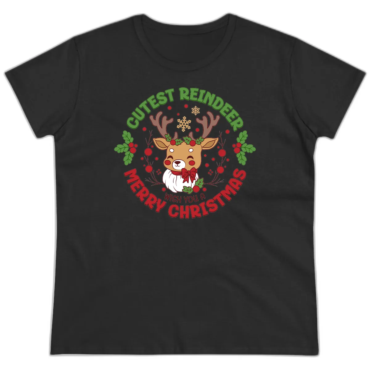 Cutest Reindeer Merry Christmas Ladies Tee in Black