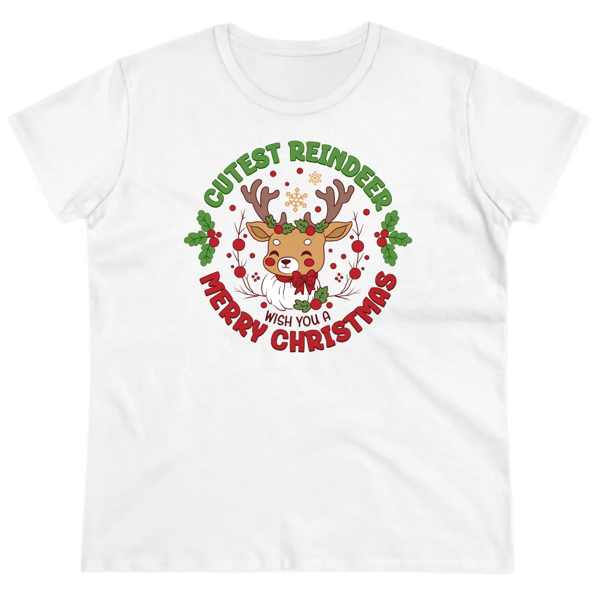 Cutest Reindeer Merry Christmas Ladies Tee in White