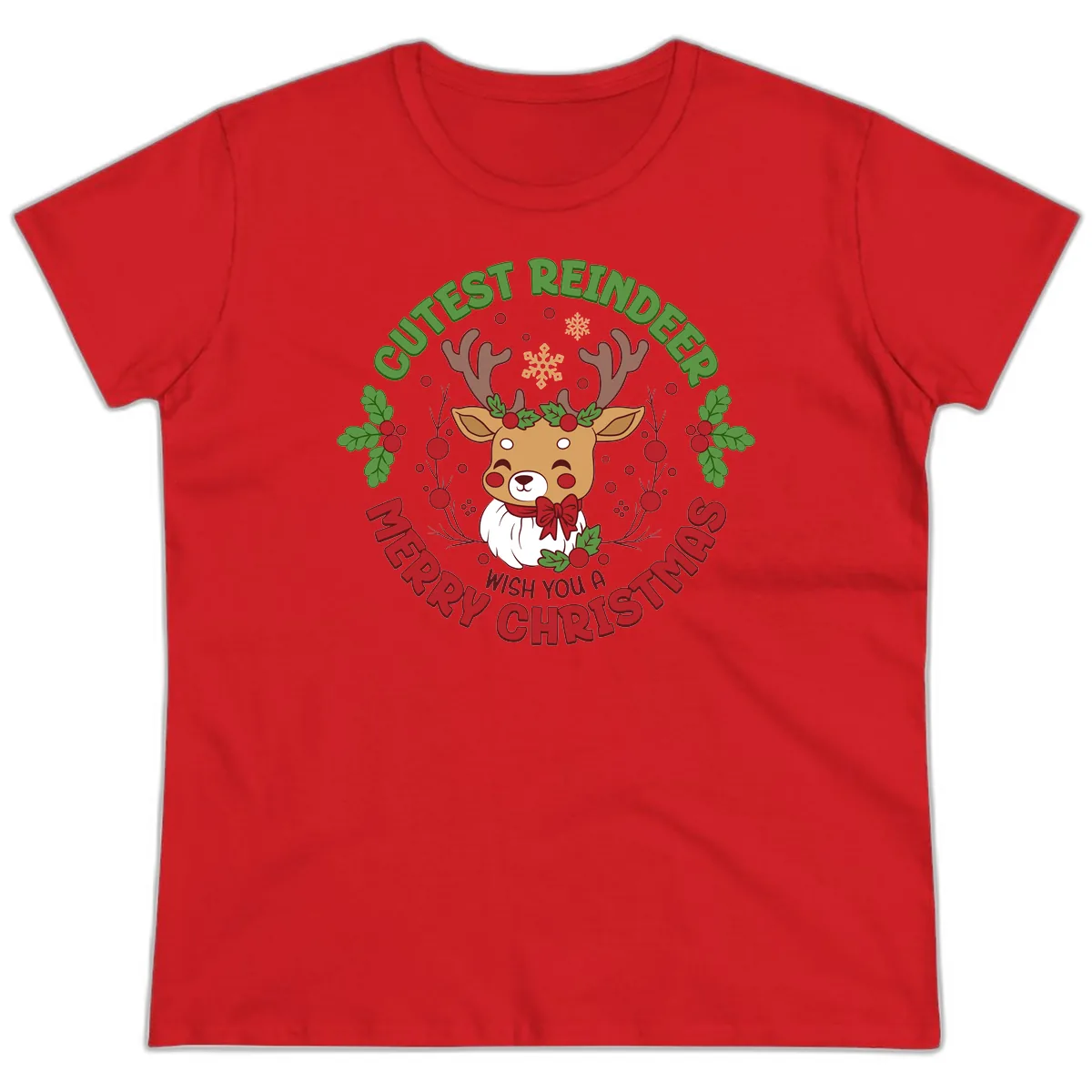 Cutest Reindeer Merry Christmas Ladies Tee in Red