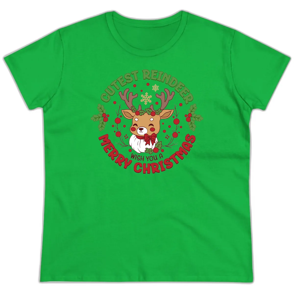 Cutest Reindeer Merry Christmas Ladies Tee in Irish Green