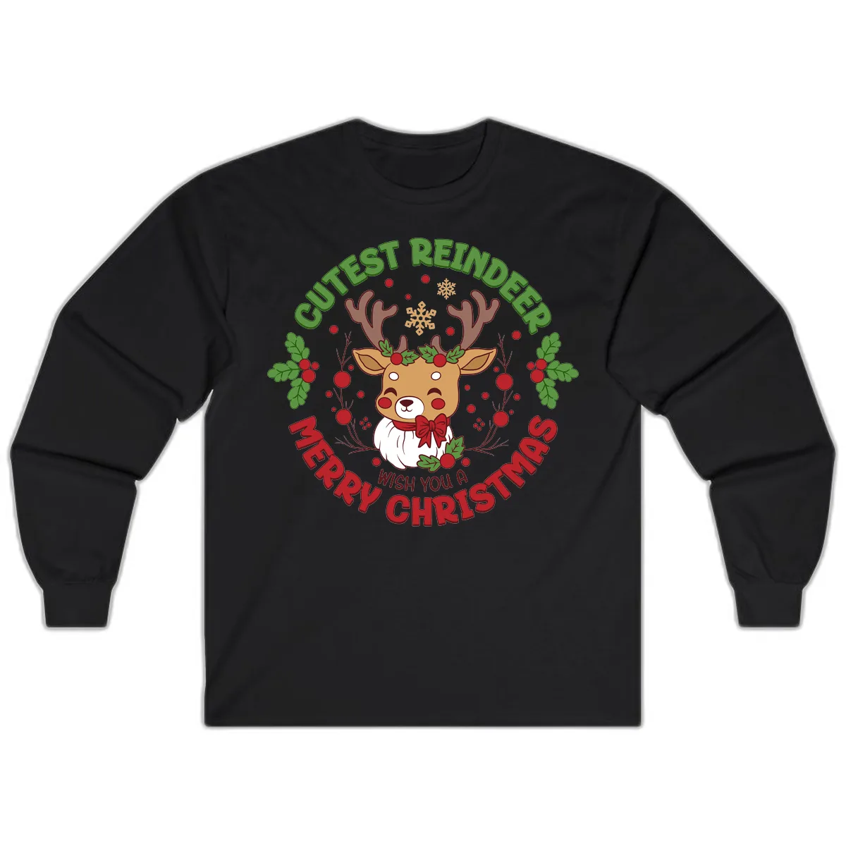 Cutest Reindeer Merry Christmas Long Sleeve in Black