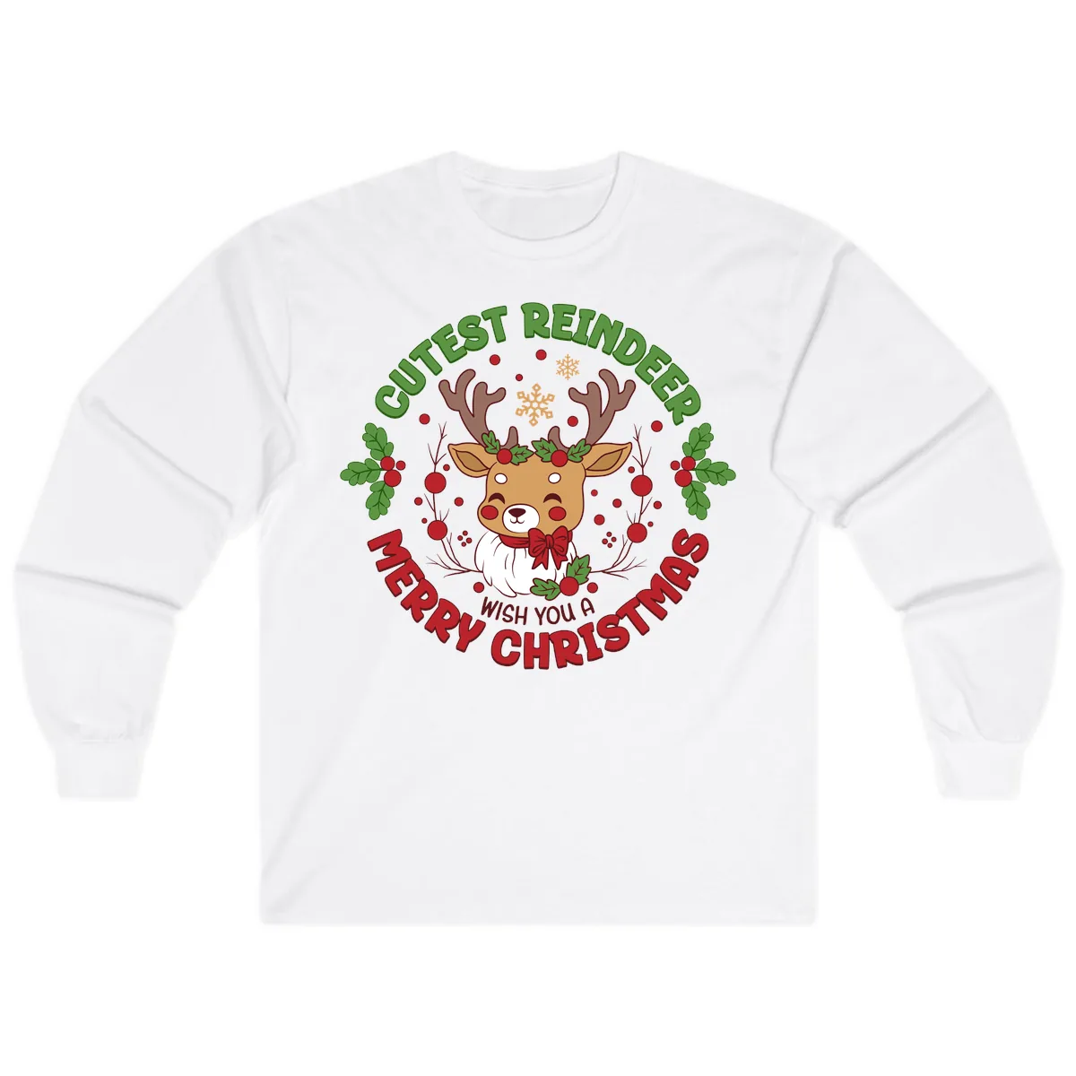 Cutest Reindeer Merry Christmas Long Sleeve in White