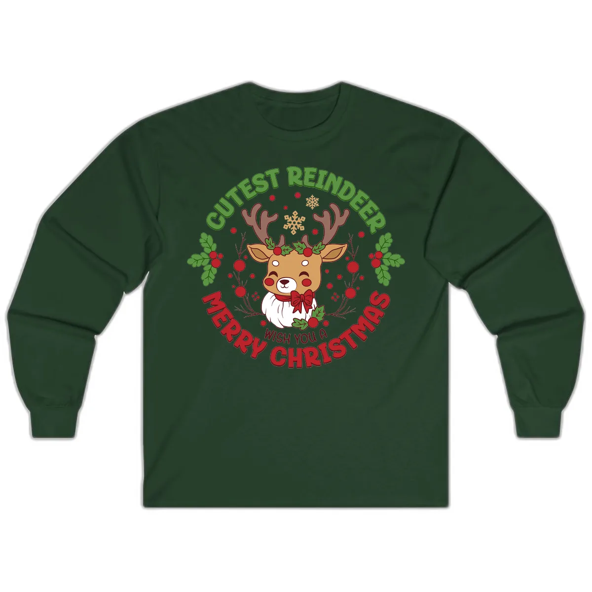 Cutest Reindeer Merry Christmas Long Sleeve in Forest Green
