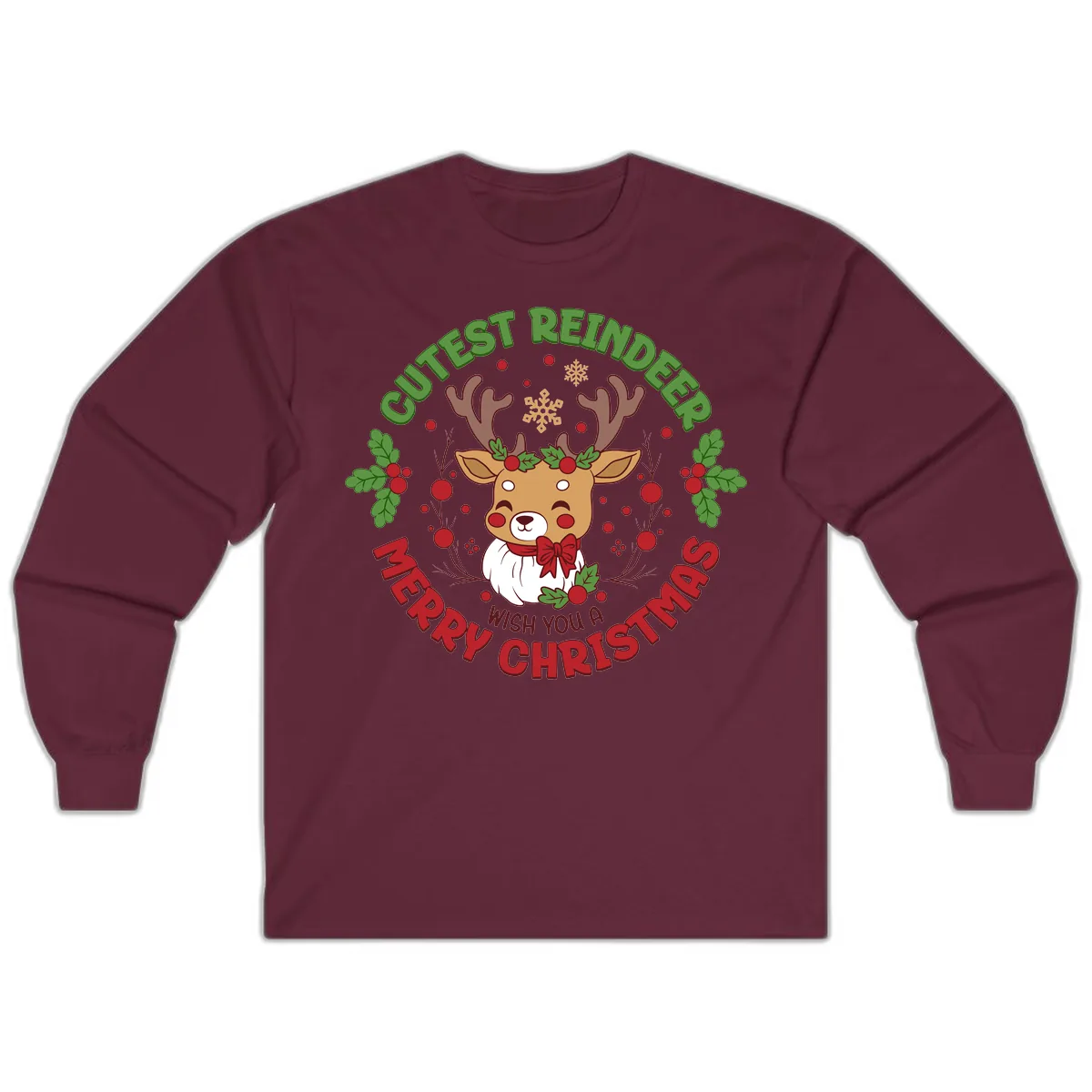 Cutest Reindeer Merry Christmas Long Sleeve in Maroon