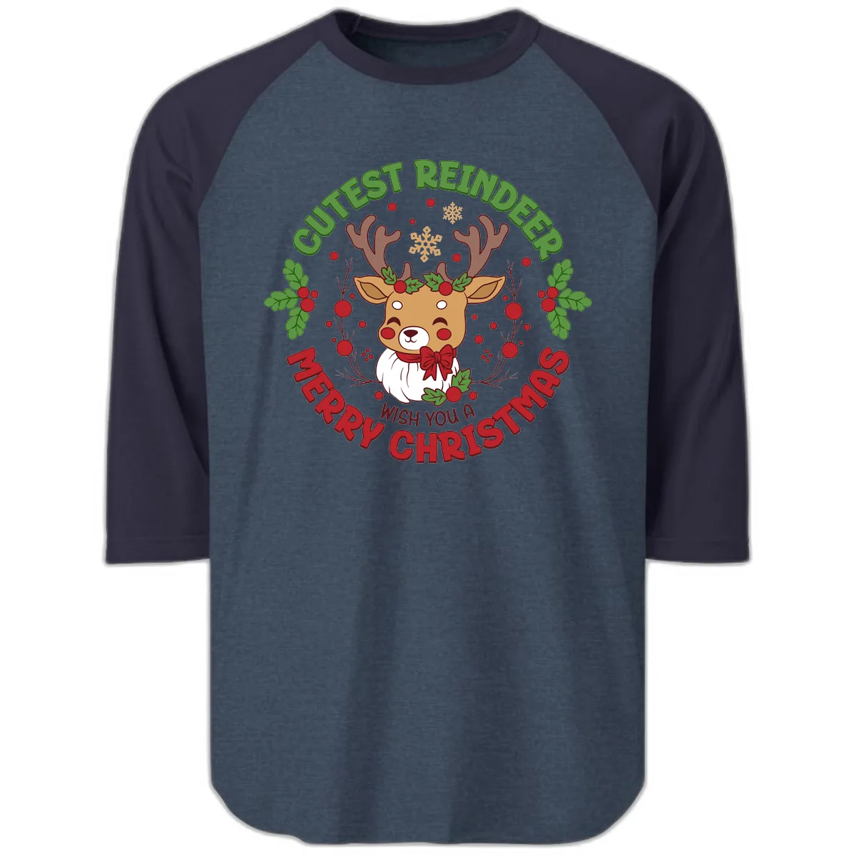 Cutest Reindeer Merry Christmas Raglan 3/4 in Heather Denim Navy