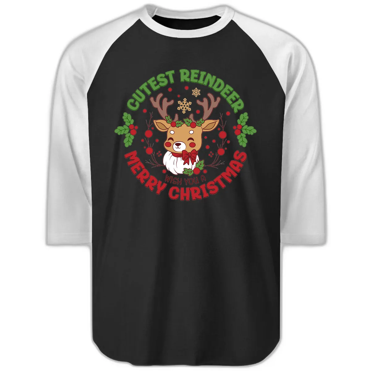 Cutest Reindeer Merry Christmas Raglan 3/4 in Black White