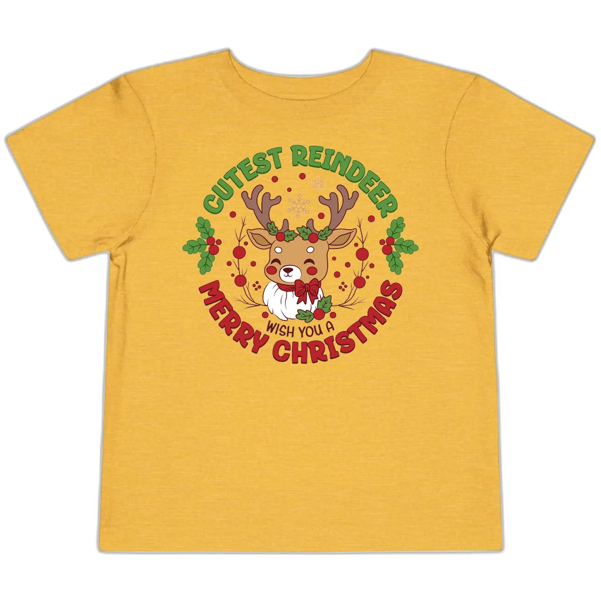 Cutest Reindeer Merry Christmas Toddler T-Shirt in Heather Yellow Gold