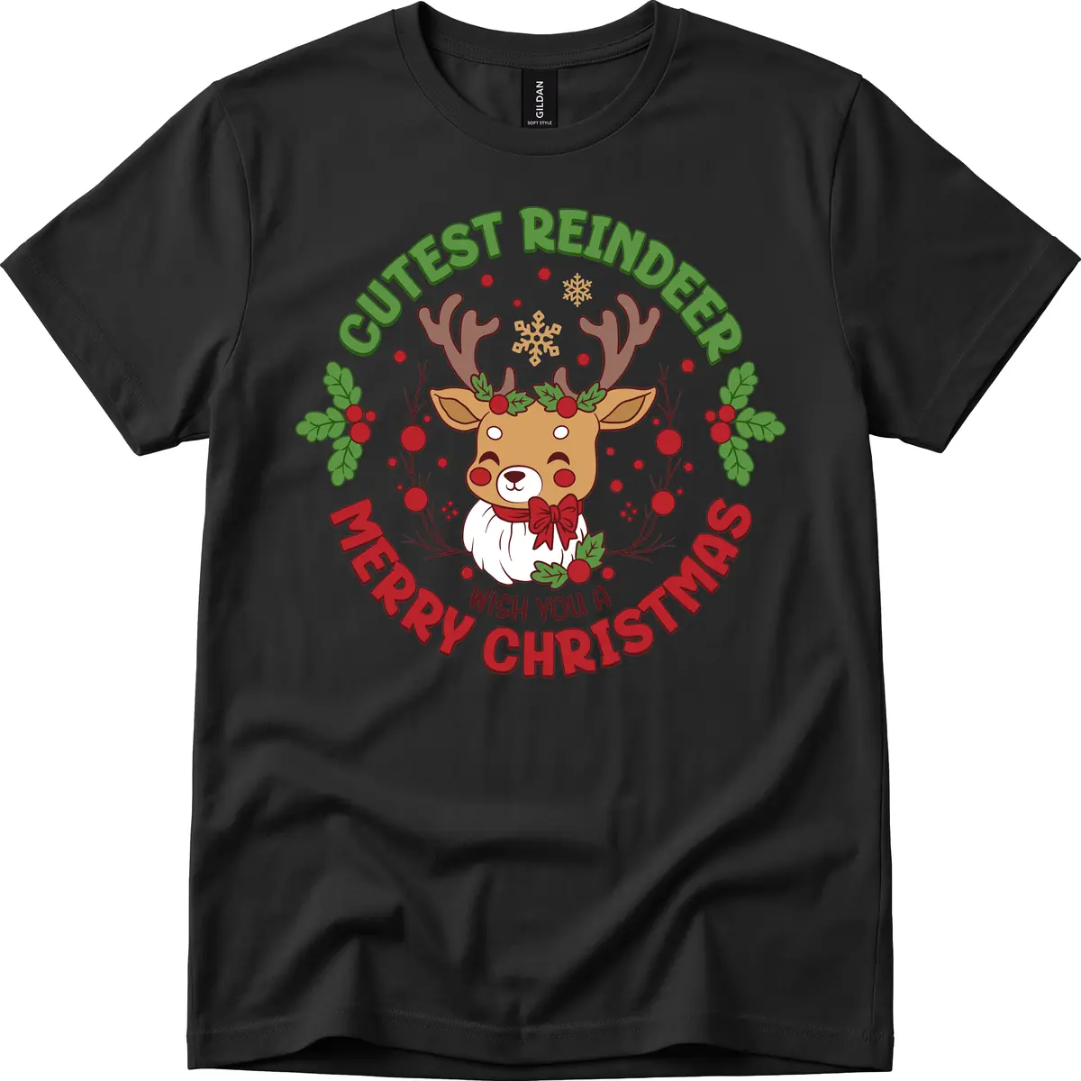 Cutest Reindeer Merry Christmas T-Shirt in Black