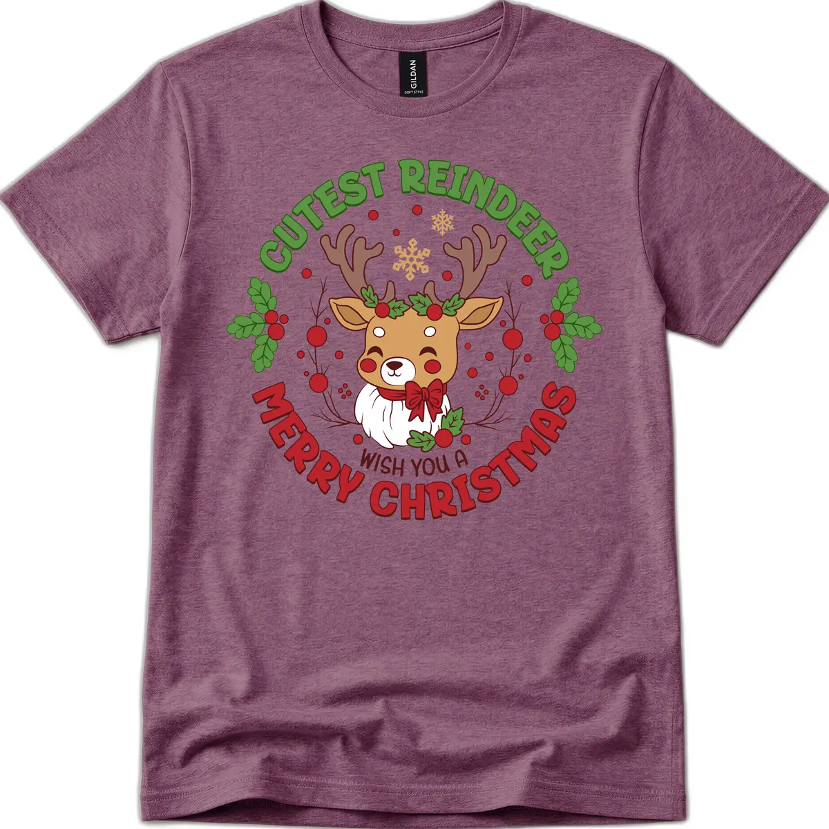 Cutest Reindeer Merry Christmas T-Shirt in Heather Maroon