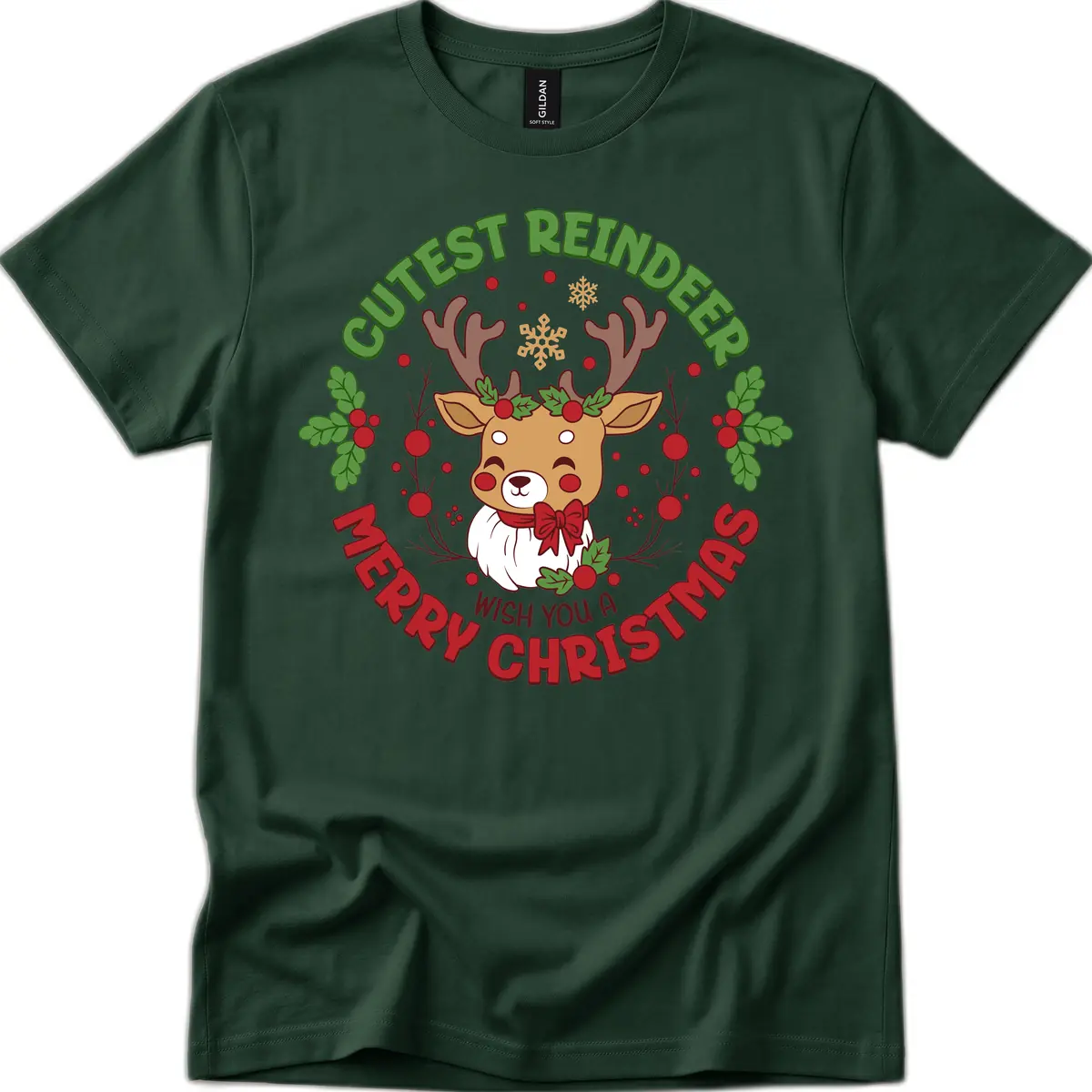 Cutest Reindeer Merry Christmas T-Shirt in Forest Green