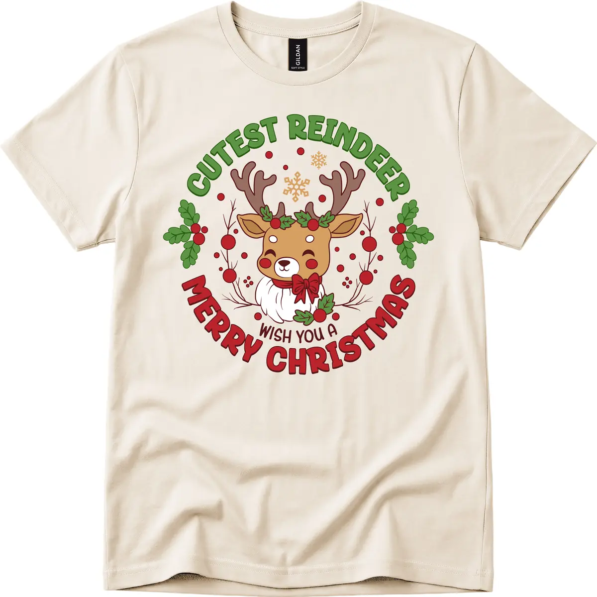 Cutest Reindeer Merry Christmas T-Shirt in Natural