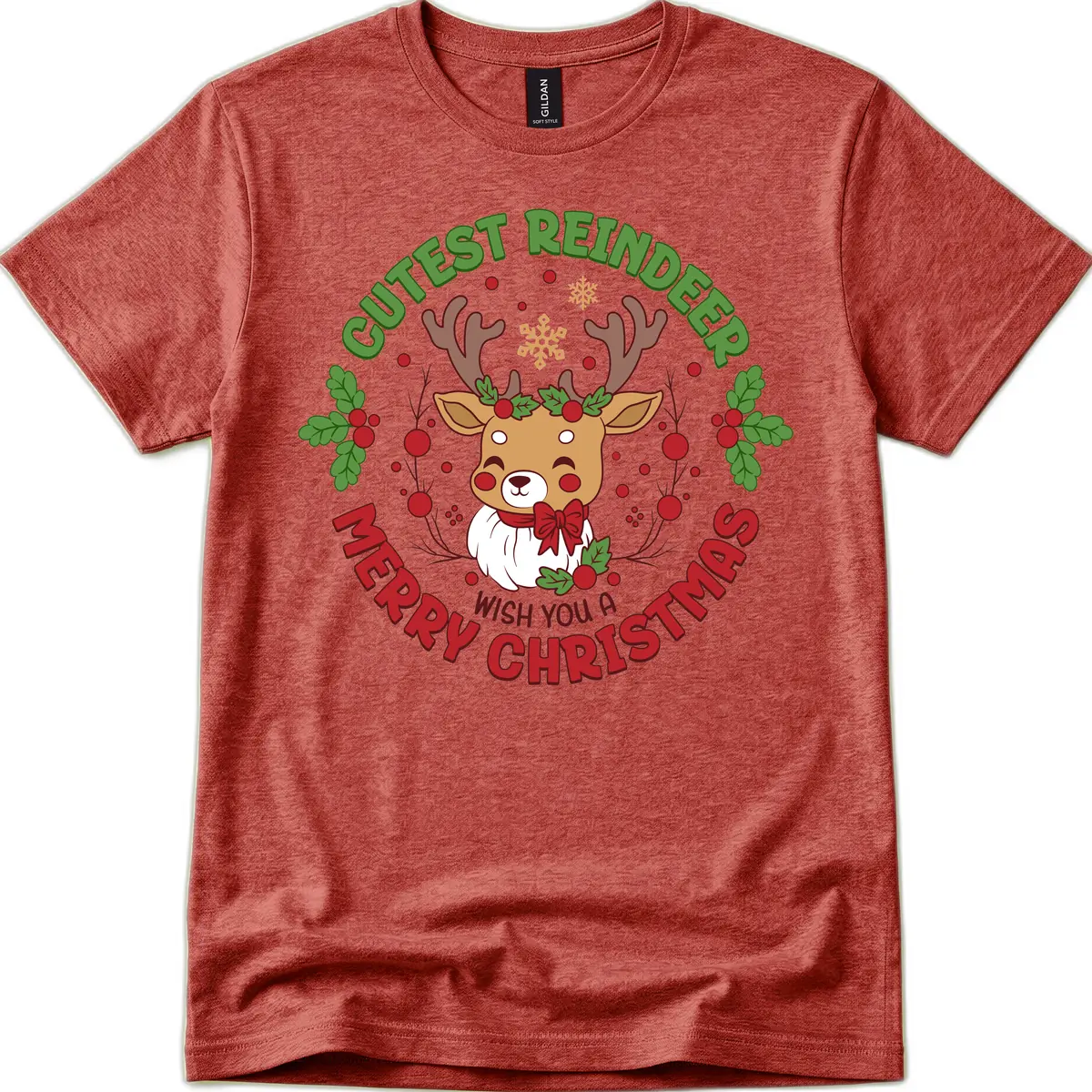 Cutest Reindeer Merry Christmas T-Shirt in Heather Cardinal