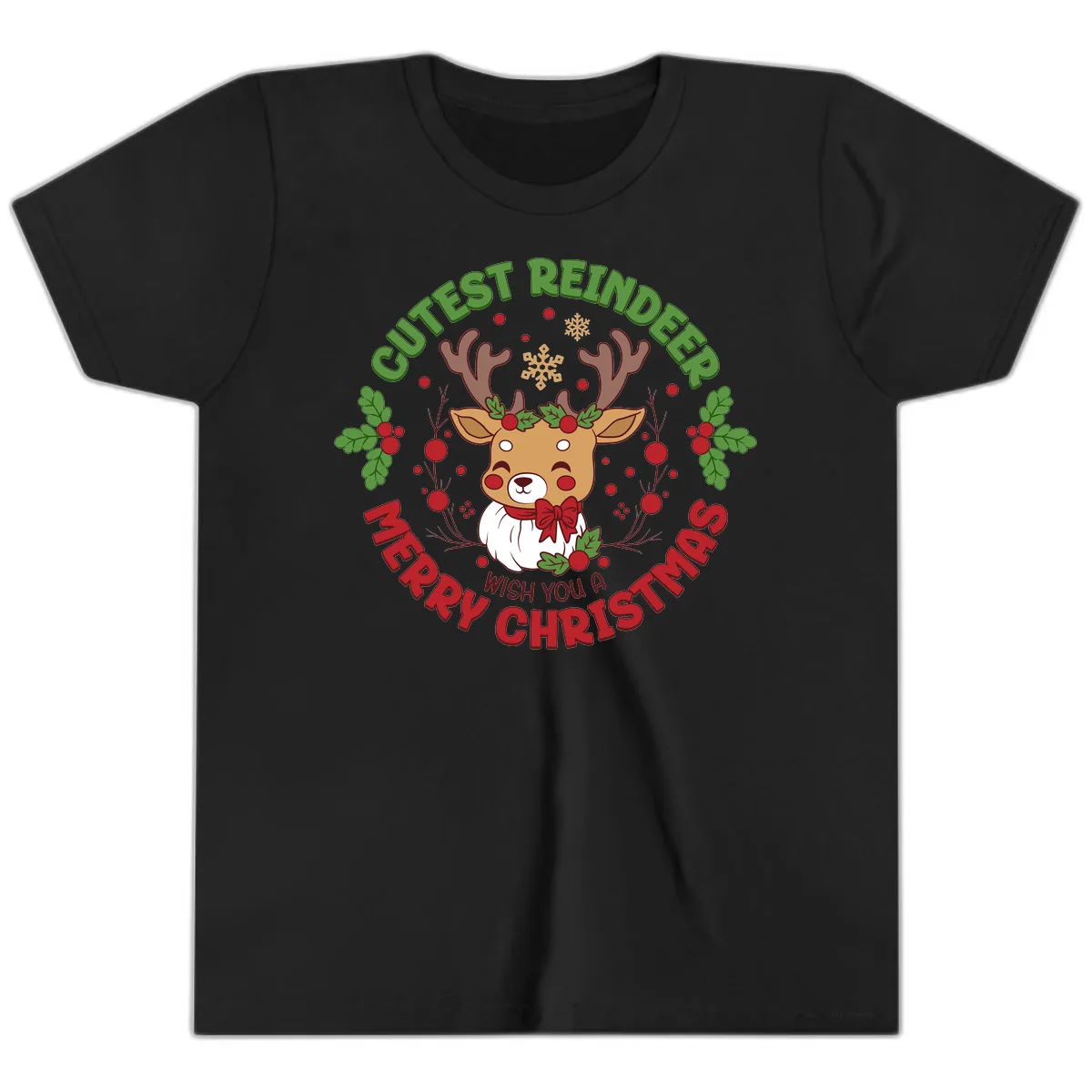 Cutest Reindeer Merry Christmas Youth T-Shirt in Black