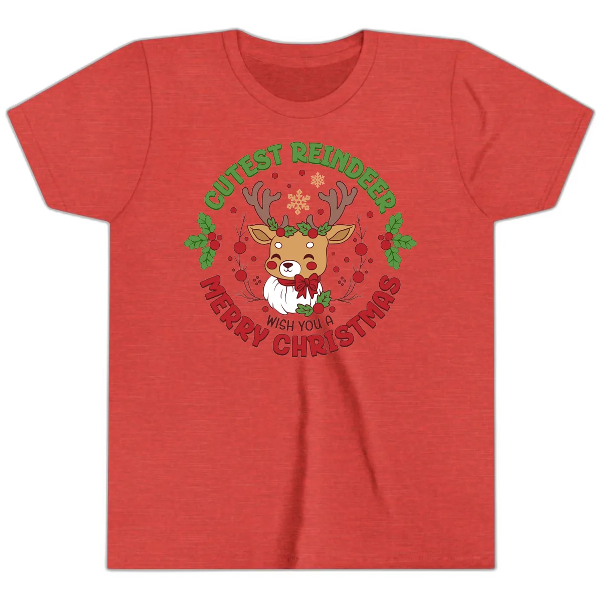 Cutest Reindeer Merry Christmas Youth T-Shirt in Heather Red