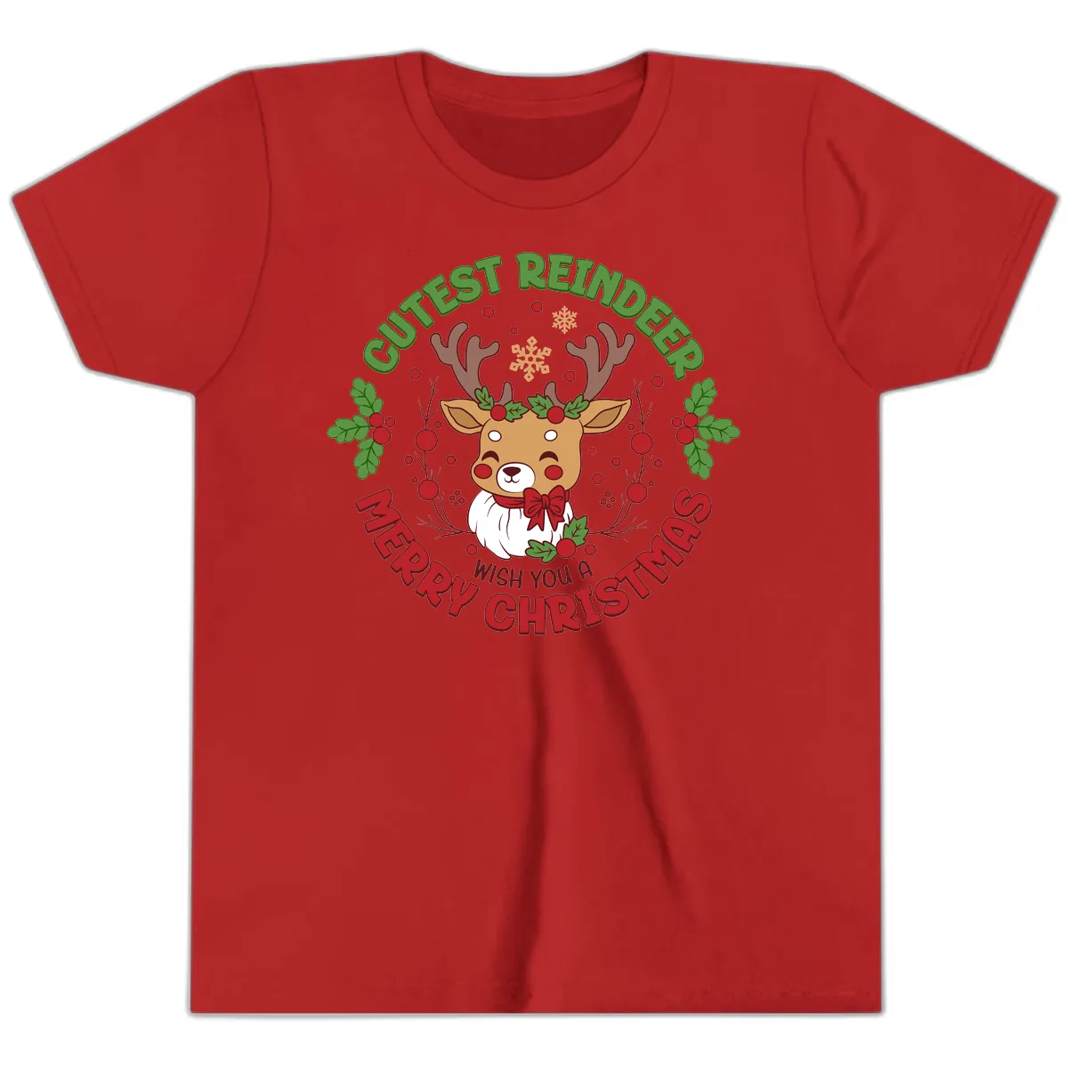 Cutest Reindeer Merry Christmas Youth T-Shirt in Red