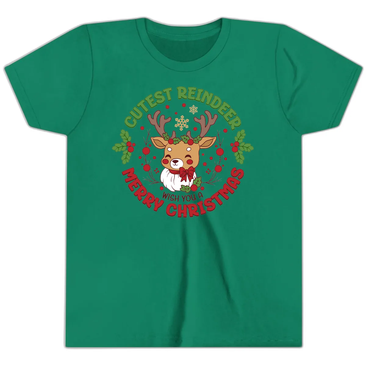 Cutest Reindeer Merry Christmas Youth T-Shirt in Kelly