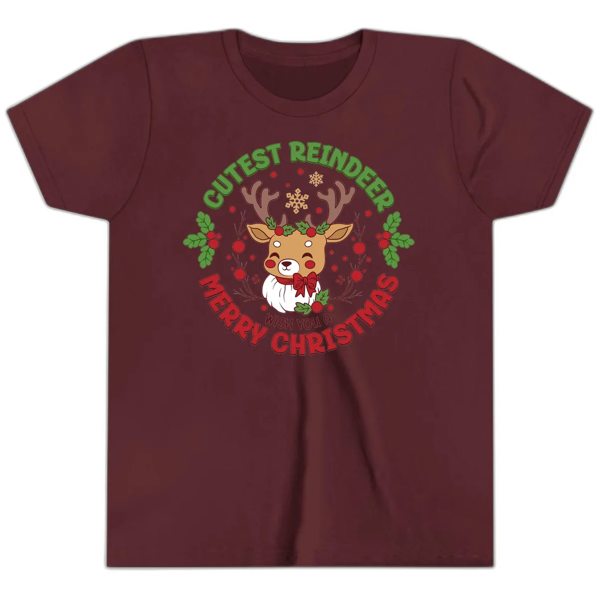 Cutest Reindeer Merry Christmas Youth T-Shirt in Maroon