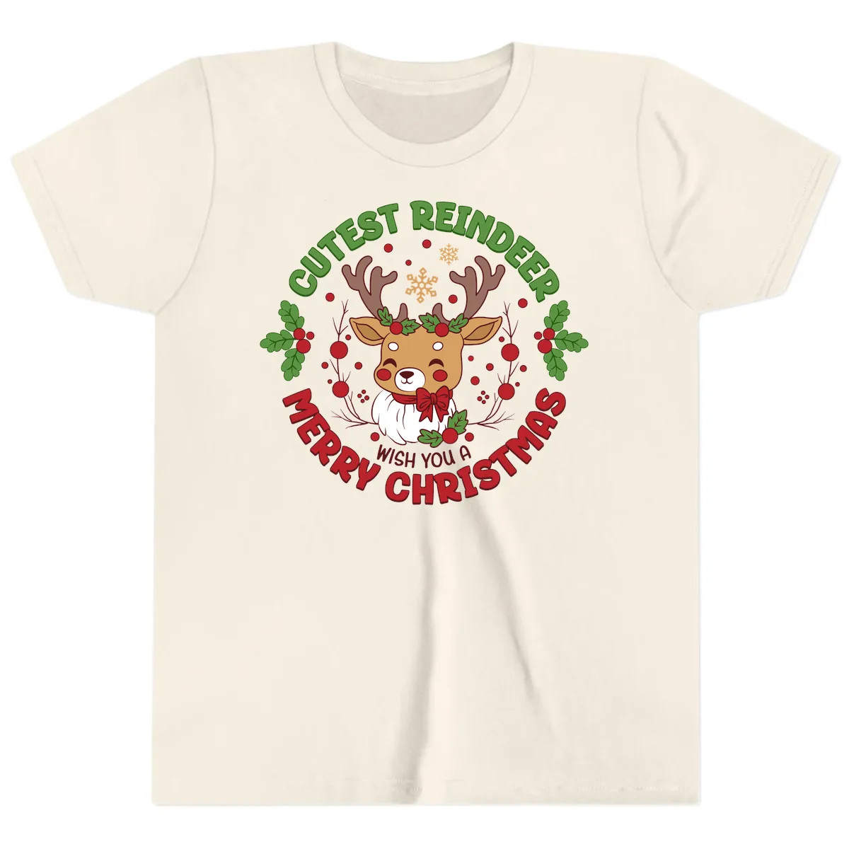 Cutest Reindeer Merry Christmas Youth T-Shirt in Natural