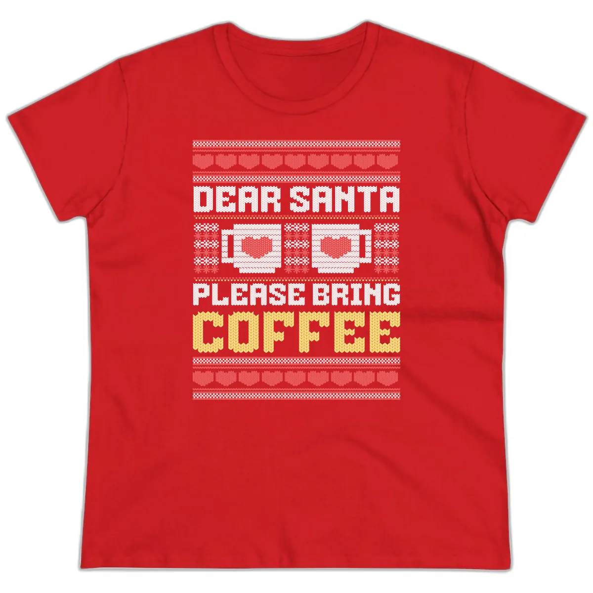 Dear Santa Bring Coffee Ugly Sweater Ladies Tee in Red