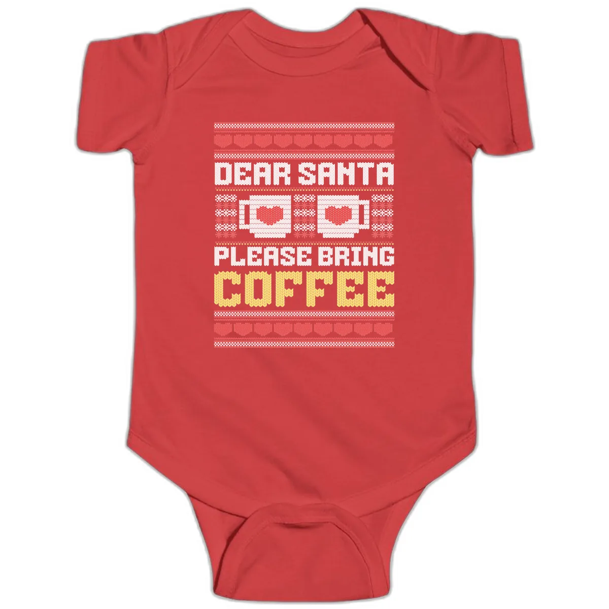 Dear Santa Bring Coffee Ugly Sweater Baby Onesie in Red