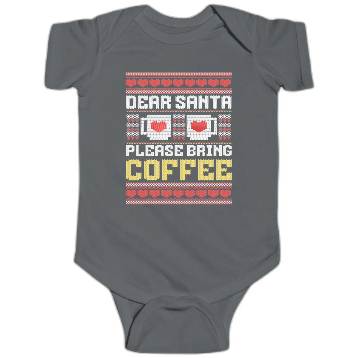 Dear Santa Bring Coffee Ugly Sweater Baby Onesie in Charcoal